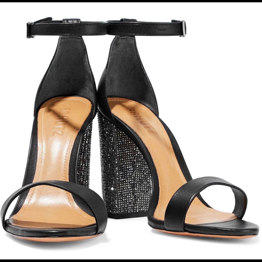 Schutz Crystal Embellished Black Heel Sandal